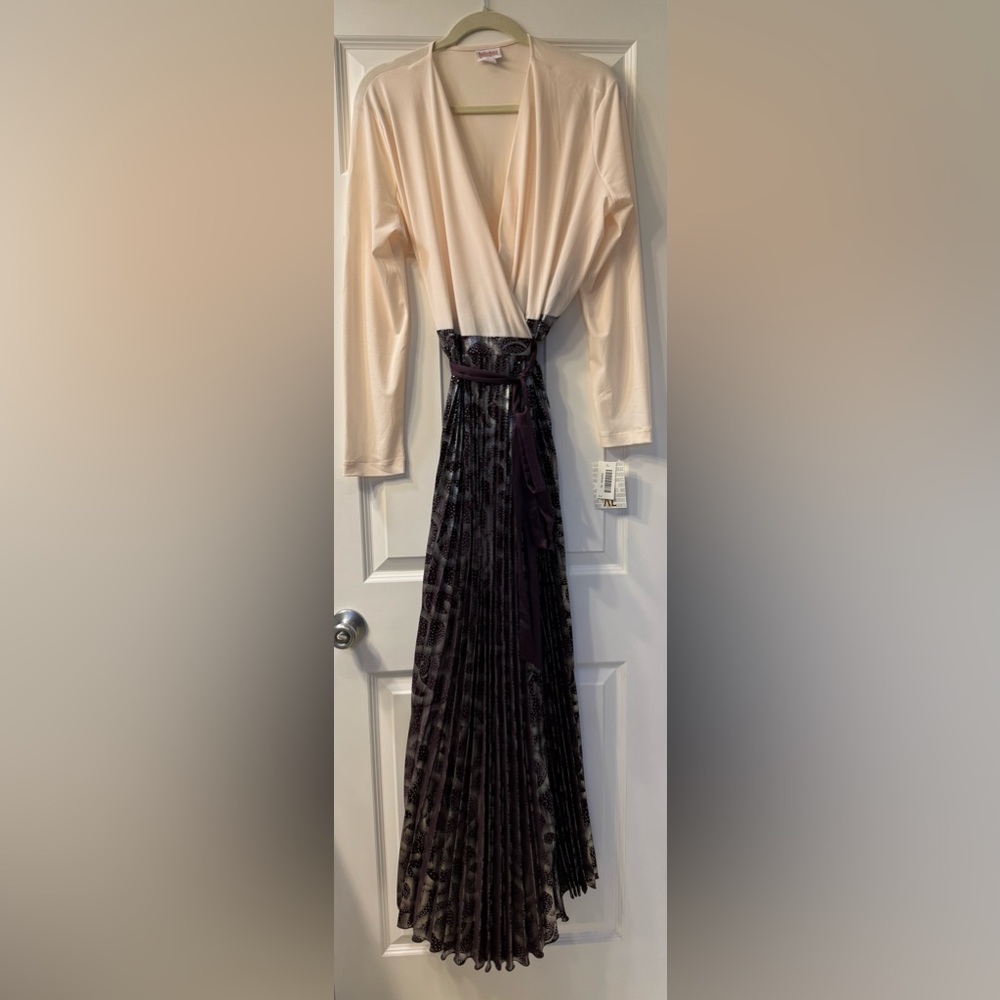 NWT Lularoe Elegant Deanne XL Wrap Dress Cream Top and Eggplant/Silver Skirt